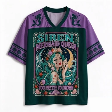 Siren Mermaid Queen Shell Sea Star V-neck Mesh Shirt Mysterious Retro Ocean Style Printed Sports Casual Loose Top