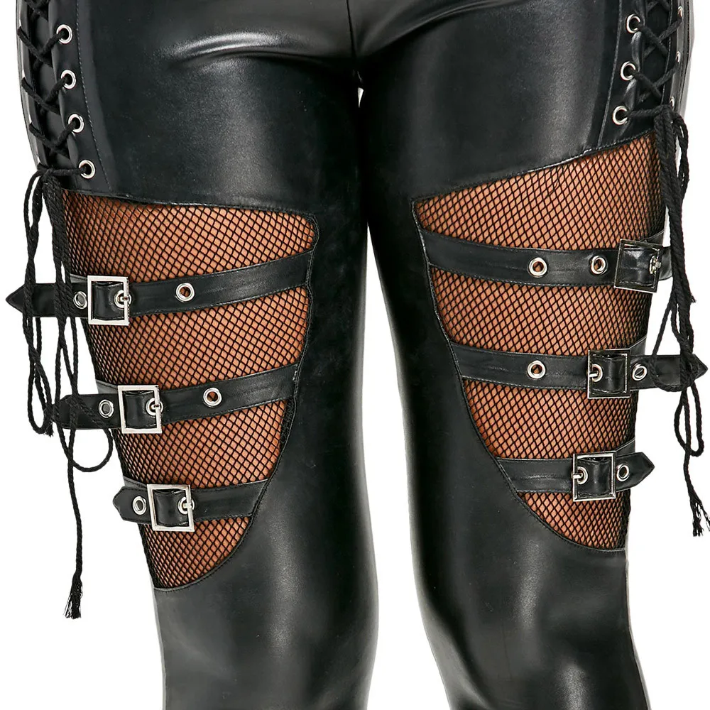 Women PU Leather Skinny Slim Trouser Gothic Punk Leggings Fishnet Trim Lace Pant Faux PU Leather Pencil Pants Club Clothing