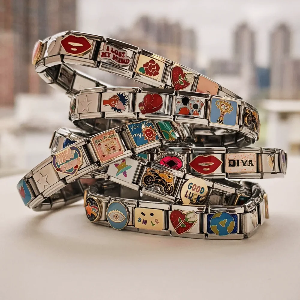 Custom Silver Color Charms Beads Personalized Italian Bracelet Rose Smile Eye Lip Stainless Steel 9mm Bracelet DIY Bead Jewelry