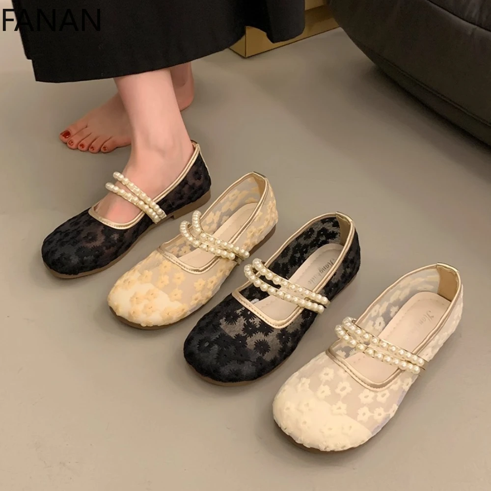 

Женская обувь, новинка лета 2025, дышащая элегантная обувь Мэри Джейн на плоской подошве с кружевом, повседневные удобные туфли-лодочки
