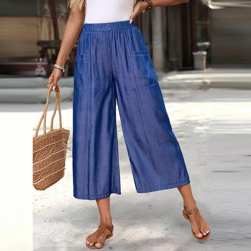 Summer Wide Leg Pants Elastic High Waist Pocket Casual Three Quarter Pants Women Casual Loose Trousers Daily Wear Streetwear