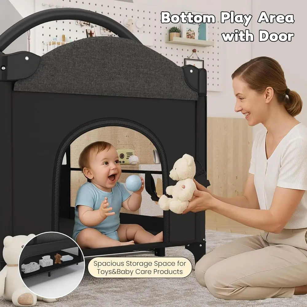 سرير أطفال قابل للتحويل 5 في 1 باللون الأسود مع أرجوحة وسرير أطفال ومبدل وشبكة ناموسية ولعبة