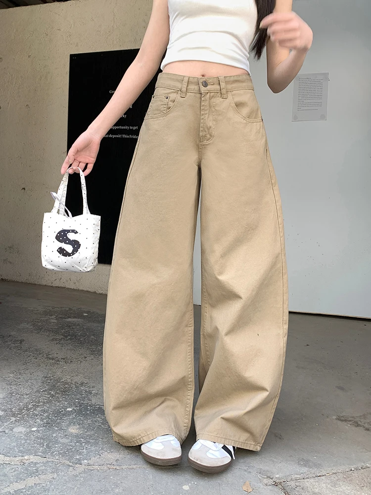 Khaki Wide Leg Jeans Women Loose Casual Streetwear High Waist Denim Pants Korean Vintage Hip Hop Baggy Preppy Female Trouser New