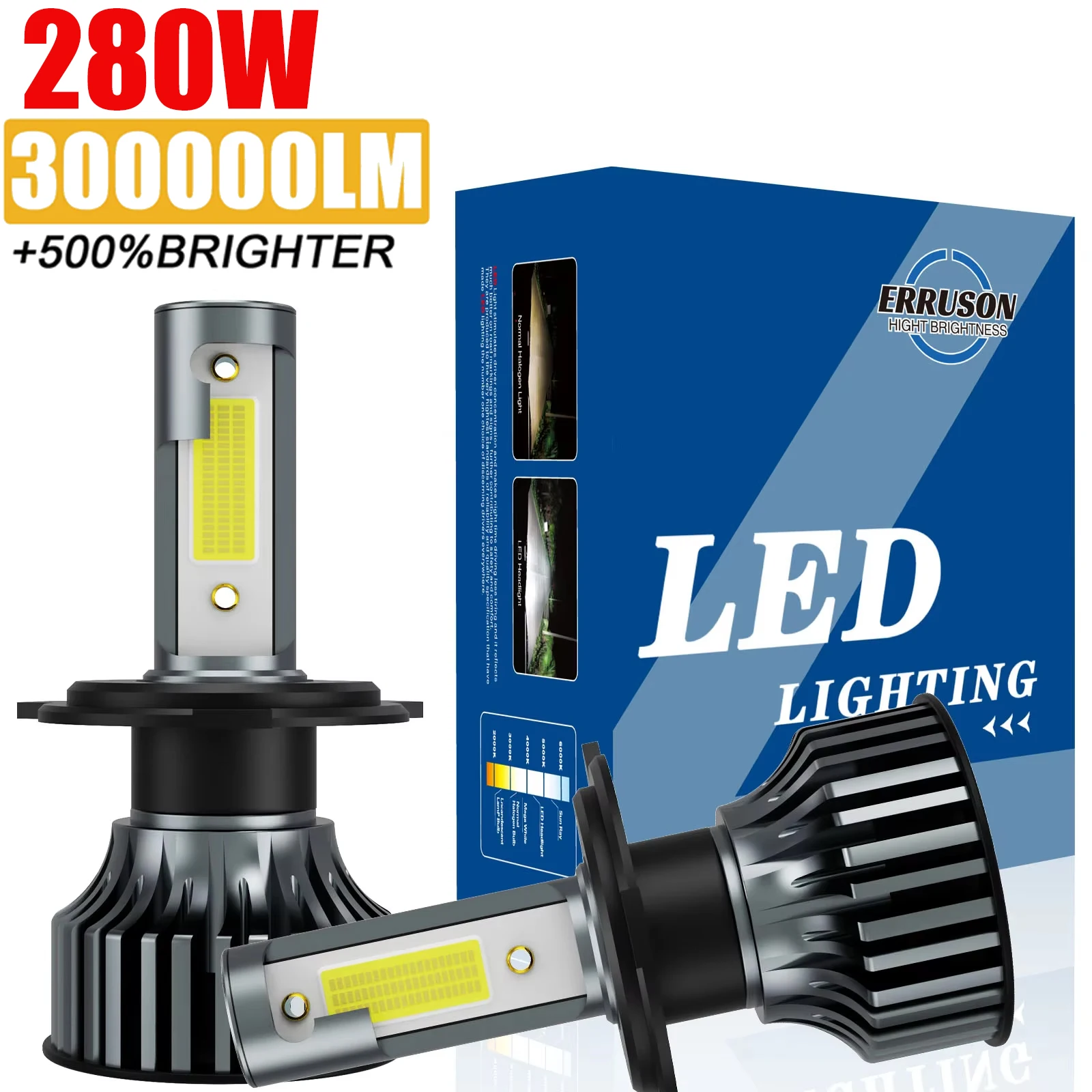Erruson 350 واط 300000LM H4 LED H7 H11 سيارة العلوي لمبة عالية الطاقة COB H1 H3 9005 9006 9012 HIR2 توربو مصباح 6000 كيلو سيارة ضوء 12 فولت
