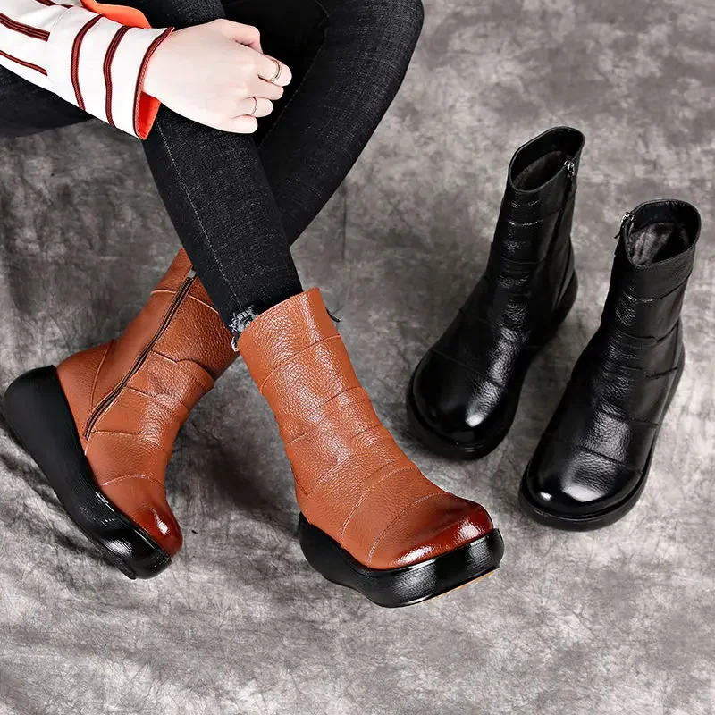 CEYANEAO Genuine Leather Flat Platform Half Boots Women Shoes  Winter Round Toe Vintage Platform Mid-Calf Boots Woman Zipper