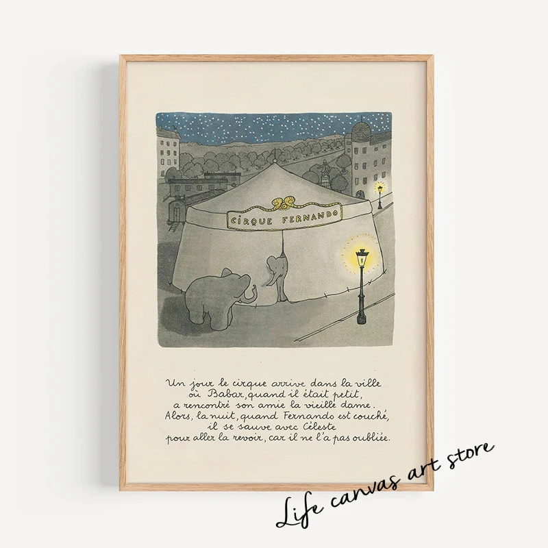 لوحة فنية عتيقة على شكل رسوم متحركة لبابار الفيل بابار لو بيتيت ايليفن ، لوحة قماشية ، صورة مطبوعة على الحائط ، غرفة الحضانة ، ديكور المنزل #3
