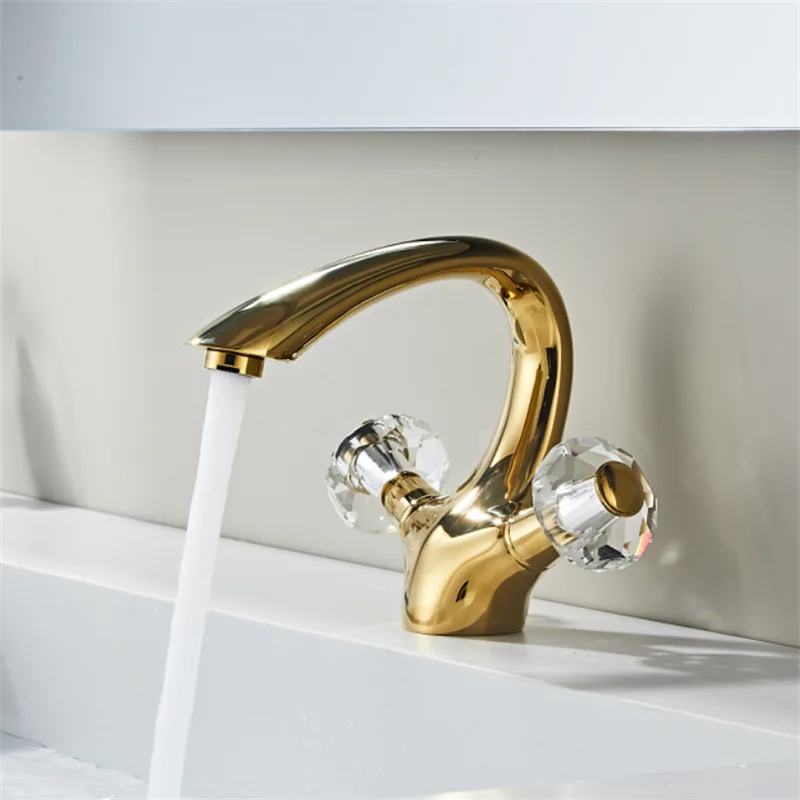 Gold Bathroom Faucet Brass and Crystal Gold Basin Faucet Two Handle Lavotory Faucet Hot and Cold Sink Faucet Water Faucet Tap