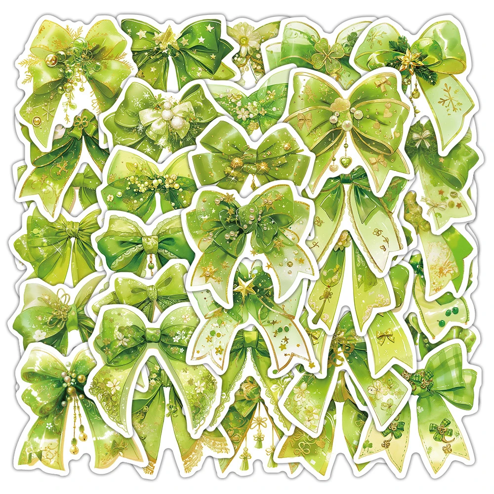 

10/30/54pcs Fresh Green Ribbon Bow Stickers Cute Coquette Bowkont Decals Theme Party Decoration Guitar Diary Phone Case Sticker