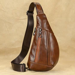 Causal Fashion Men's Leather Chest Bag Real Soft Cow Leather Crossobody Bag Summer Outdoor Men's Chest Pack Sling Bag Coffee