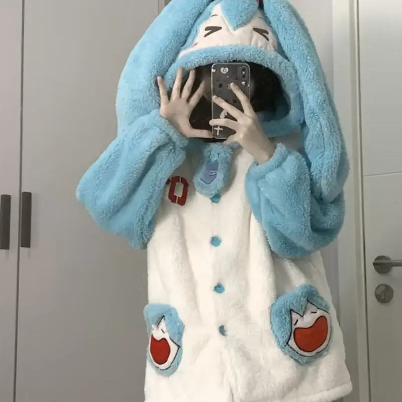 الشتاء Miku المرأة منامة قطعتين مجموعة ملابس المنزل فضفاضة السراويل خريف شتاء دافئ طويل الأكمام ملابس خاصة المرأة المتسكعون