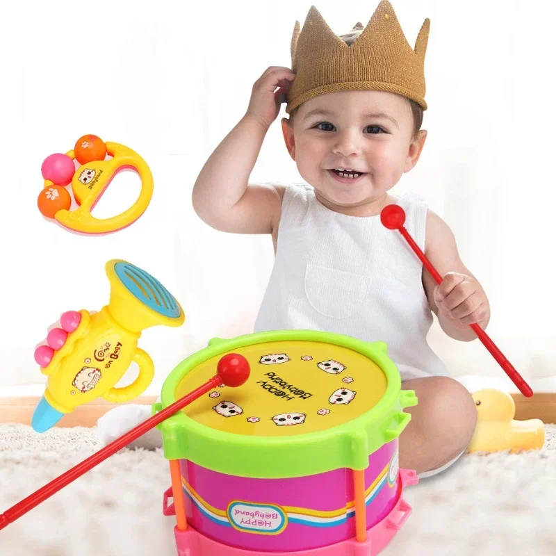 Kit de banda de instrumentos de percusión musical para niños, juguete educativo de aprendizaje temprano, Trompeta de tambor, regalo para niños, 5 piezas por juego