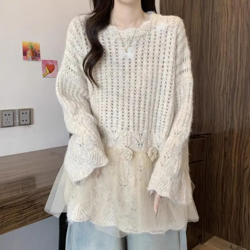 

Осень-зима, новый женский свитер с круглым вырезом и 3D цветком, свитер с длинными рукавами, вязаный свитер, модная юбка с сетчатым воротником, вязаные топы