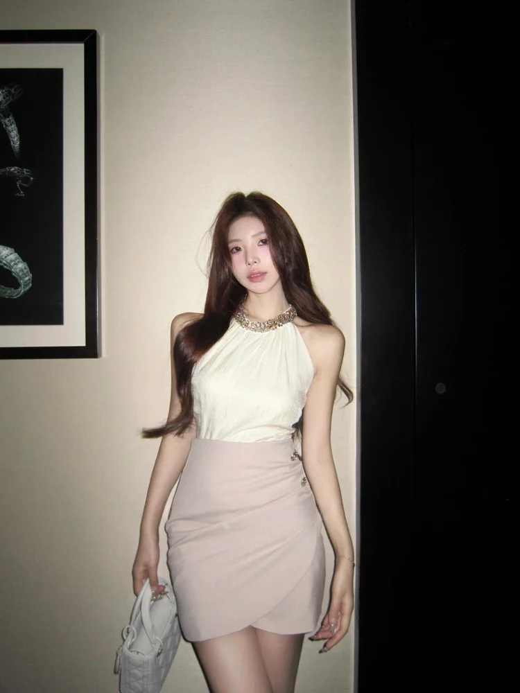 

Heavy Embellished Diamond Neckline Chiffon Top And Short Skirt Two Piece Set for Women Sexy Style Summer Fashion Ensemble