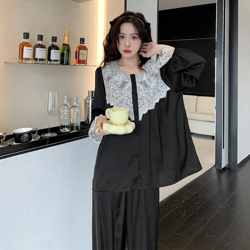 

New Summer Spring Pajamas Suit Lace Flower Sleep Set 2Pcs Long Sleeve Shirt&pants Women Satin Homewear Casual Pyjamas Loungewear