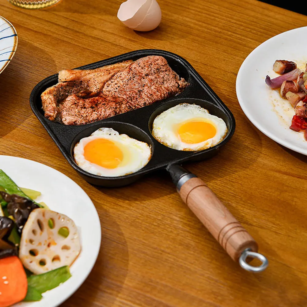 

3в1 Сковорода для завтрака Яйцо Бургер Маленькая мини-плита с антипригарным покрытием Omlette Чугунная сковорода с плоским дном Легко чистится Прочная деревянная H
