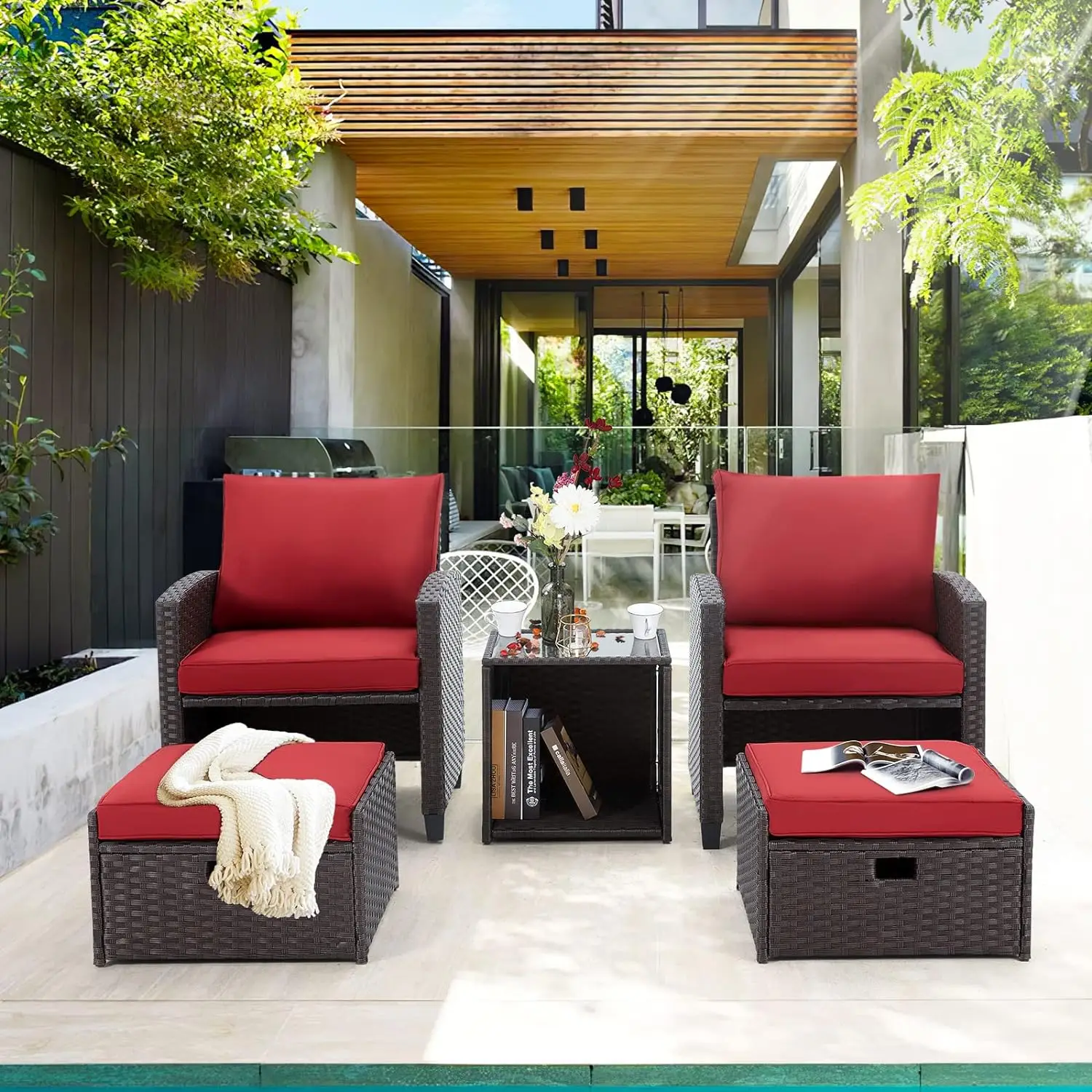 5Pcs Patio Set, Wicker Outdoor Sectional with Cushions, Includes Coffe Table and Ottomans, Furniture for Pool, Garden, Patio