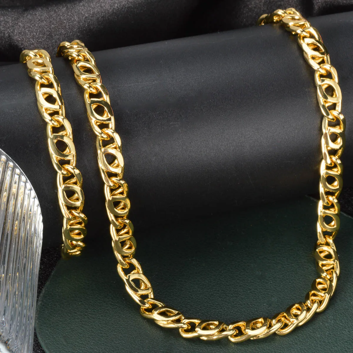 Luxury 24K 9999 Pure Gold real gold Men's Cuban Chain Geometric Men's Hip-Hop Necklace Bracelet Set