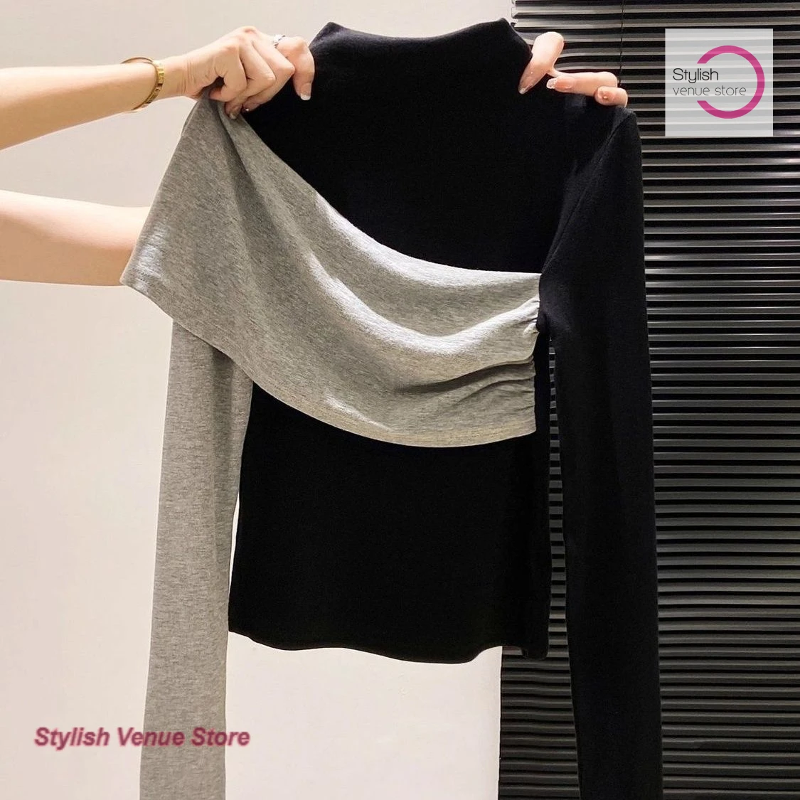 

Korean-style fashion design sense stitching semi-high collar long-sleeved T-shirt women's autumn and winter slim slimming top