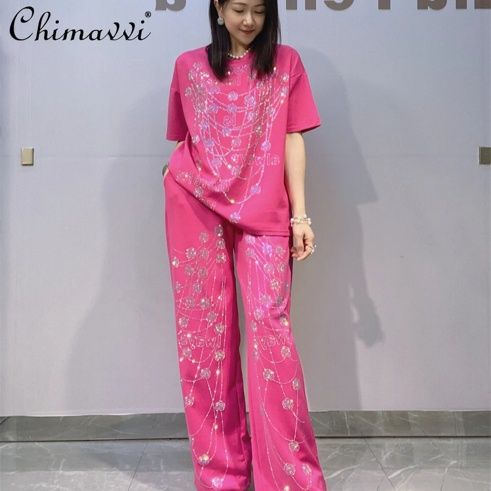 

High-end Fashion Pant Suit for Women 2026 Summer Heavy Rhinestone Embellished Short-sleeve T-shirt Top Pants Streetwear 2pcs Set