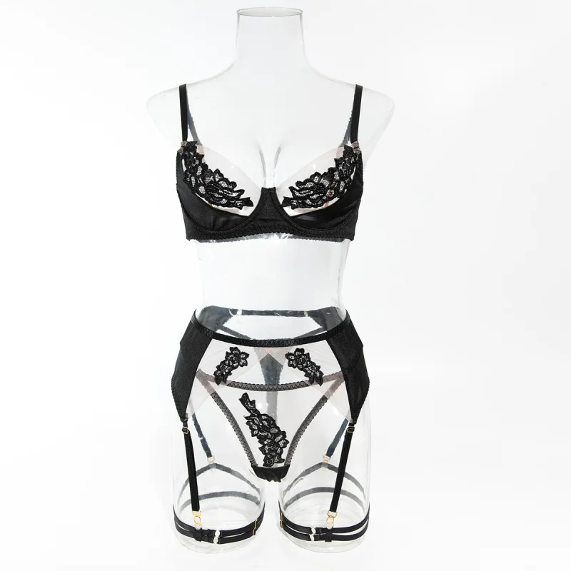 2025年フランス風セクシー3ピースシースルーランジェリーセット、メッシュ、刺繍、パッチワーク、プッシュアップブラ、Tバック付き qqny0003