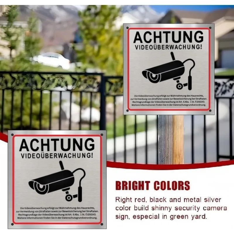 Aluminum Alloy Wall-Mounted Surveillance Camera Signage - German Text & Symbols - Metal Security System Plaque