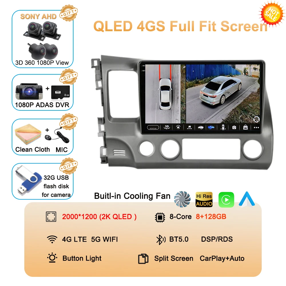 Android 16 autoradio voor Honda Civic 8e generatie (2005-2011) multimedia draadloze CarPlay Android Auto