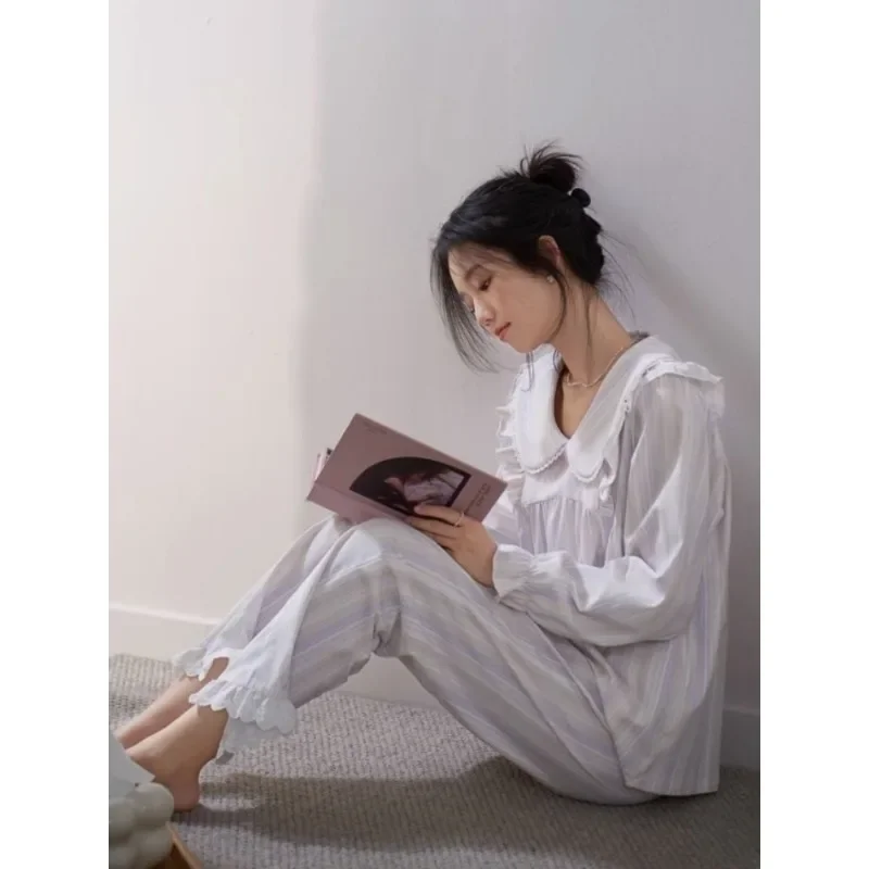 Elegant striped women's pajamas suit spring and fall models cotton long-sleeved Korean sweet casual fashion sleepwear homewear
