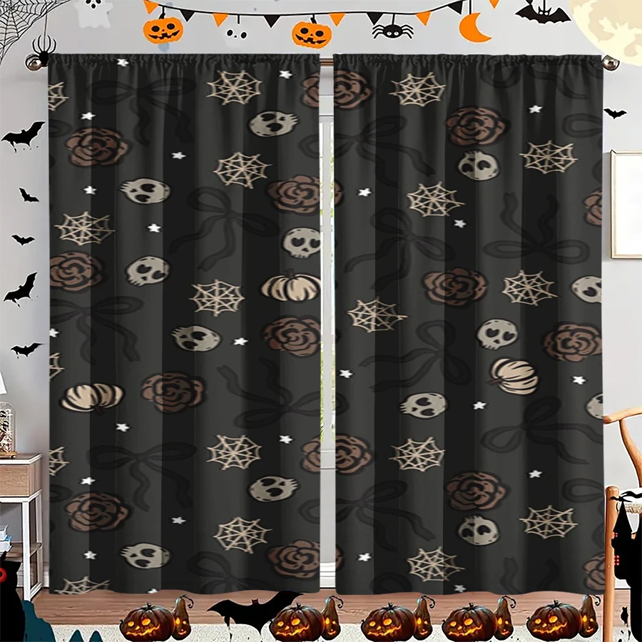 2PCS Digital Print Curtain, Skulls Spider Webs Pumpkins, Black Halloween Gothic Pattern Style for Living Room Bedroom Decor