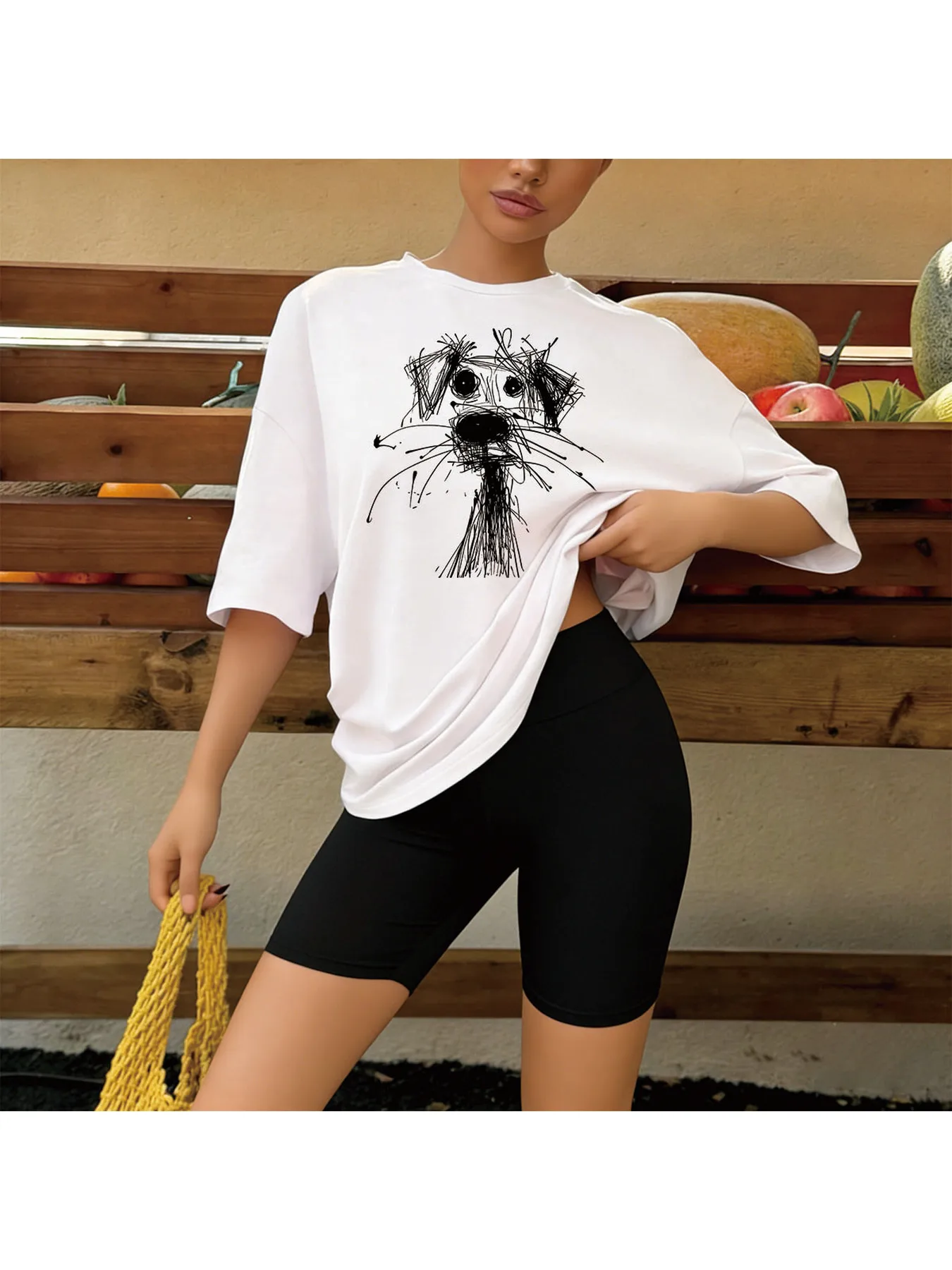 Two-Piece Set Including Hand-Drawn Graffiti Dog Print Oversized T-Shirt and Cycling Shorts - view 5