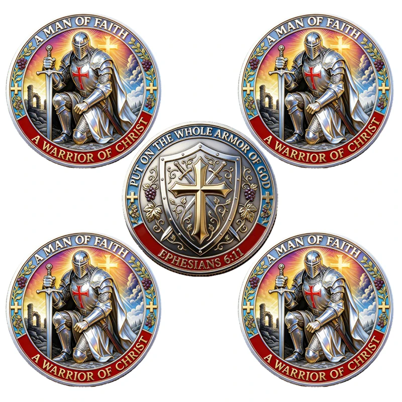 5pcs A Man of Faith A Warrior of Christ Commemoration Coins Put on The Whole Armor of God Cross Challenge Coin Gifts for Family