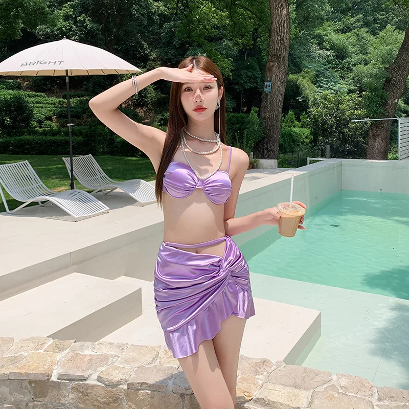 Solid Color Flash Pleated Straps Swimsuit Women's Split Beach Fashion New Women's Swimsuit