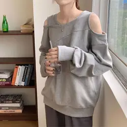 Grey Women Clothing Cotton Off Shoulder Top for 2024 Woman T-shirt Loose Spring and Autumn Tshirt Sale Simple Cheap Stylish Tee