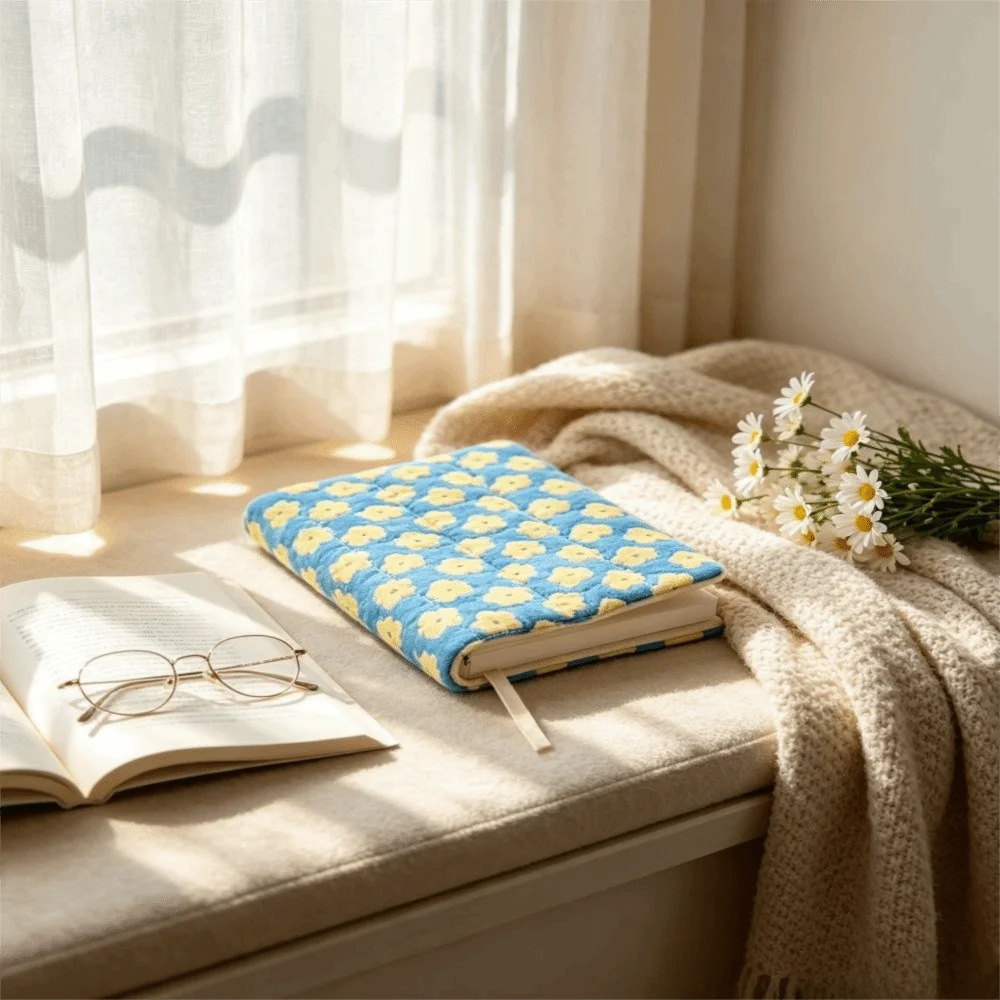 Aesthetic Floral Design Fabric Book Cover Reusable Quilted Fabric Book Jacket Striped Lightweight Notebook Protector Spring