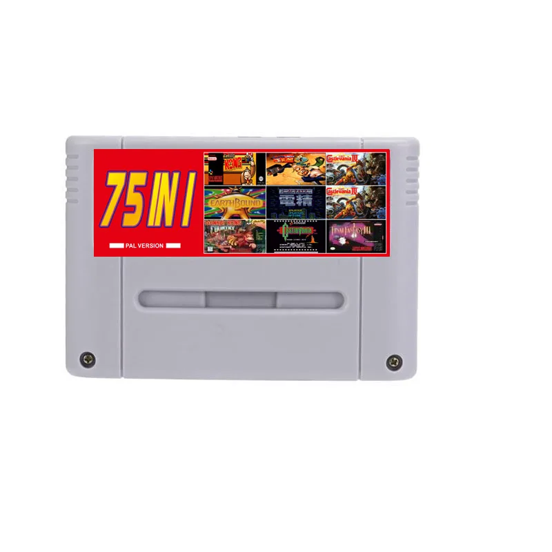 Super 75 en 1 versión EUR Chip Save con Game Clock Tower Final Game Fantasy VI Dragon Quest I y II Secret of Mana Terranigma