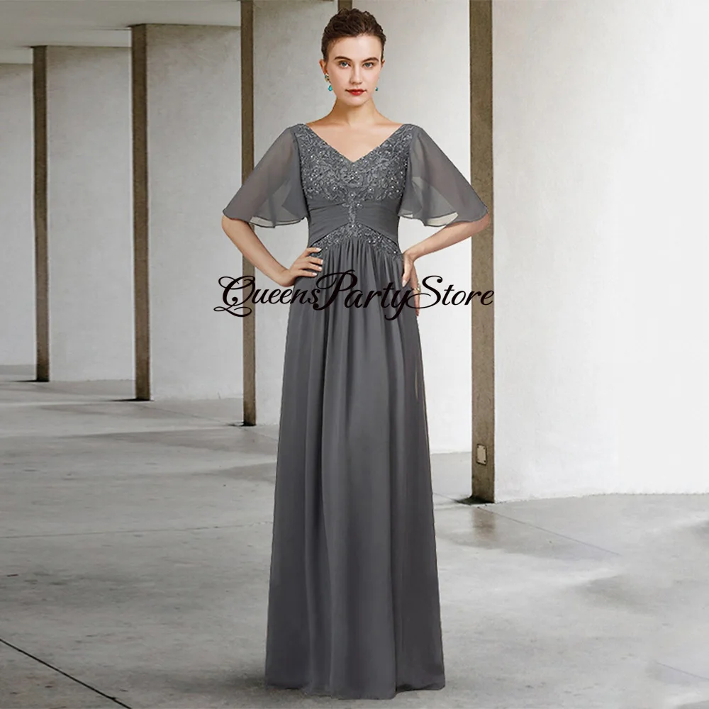 

Gray Wedding Guest Dresses for Women Batwing Sleeves V Neck Beading Sequin Applique A Line Chiffon Mother of The Bride Dress