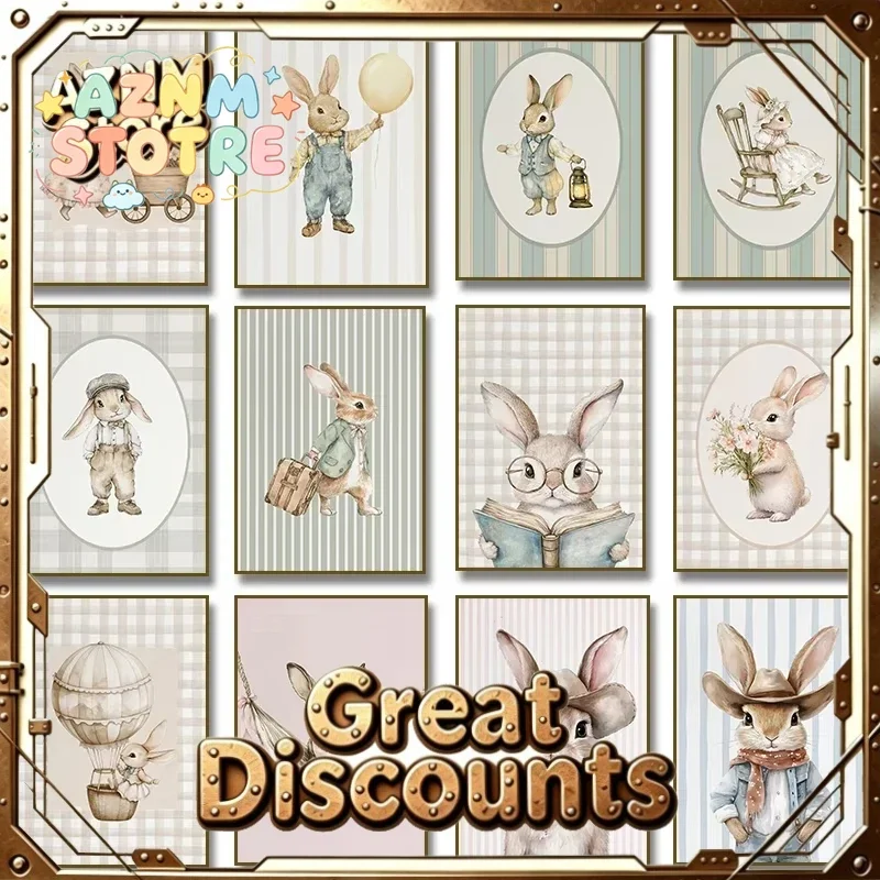 Nordic Cute Bunny Pushing Flower Cart Reading Poster Print Denim Bunny Hot Air Balloon Floral Glasses Canvas Art Home Room De