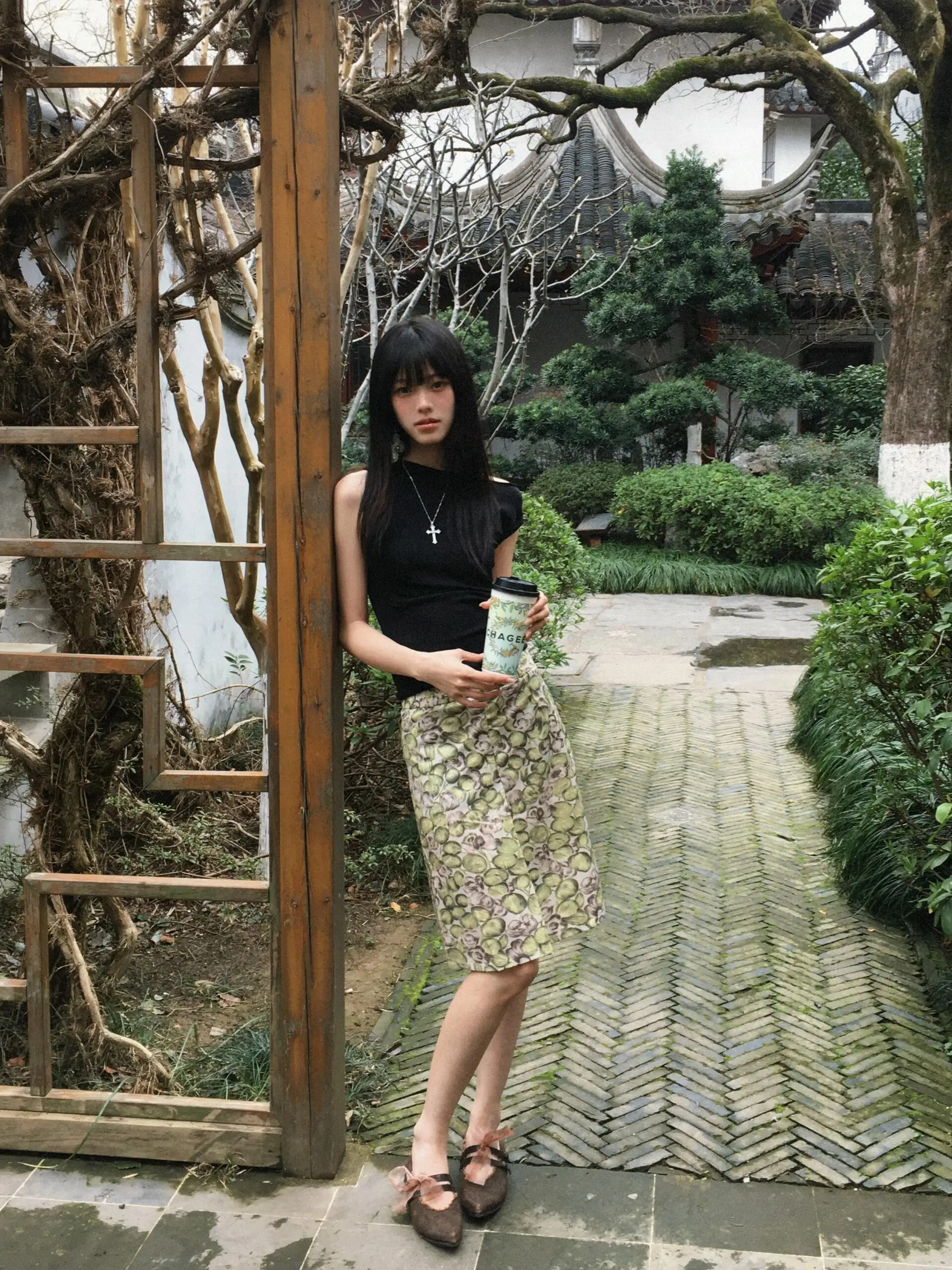 Summer Mid-Length A-Line Skirt Women's High Waist Print Design Green Plant Stylish Half Skirt Natural Series Casual Wear
