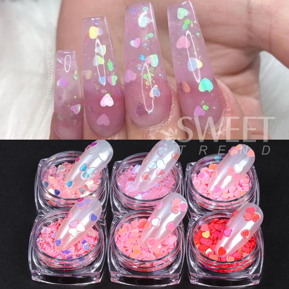 กลิตเตอร์เล็บรูปหัวใจสีชมพู/ม่วง 6 ชิ้น แบบโฮโลแกรม ประกายรุ้ง สำหรับตกแต่งเล็บวันวาเลนไทน์