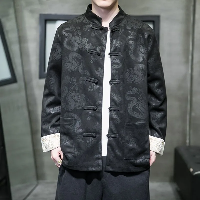 Spring Autumn Chinese Style New Chinese-style Button-up Tang Suit Jacket Trend Dark Flower Ethnic Men's Coat Middle-aged Young