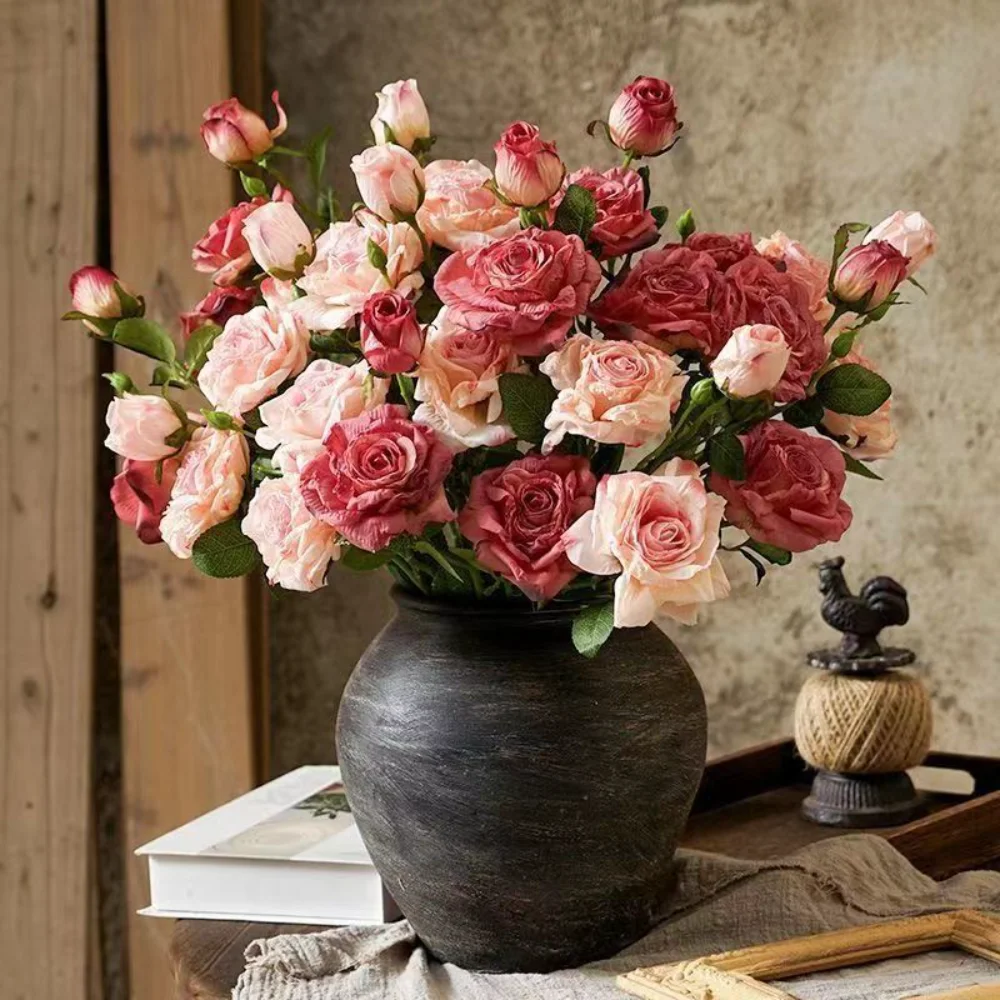 Fleur artificielle rétro, fleur en soie décorative, bouquet de fleurs séchées, branche de rose artificielle en soie pour la décoration de bureau, mariage, salon