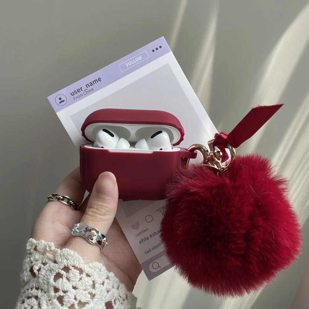 Wine Red Silicone Earphone Case for AirPods 5 Pro3 2025 Cover with Hairball Cherry Bow Keychain for AirPods 2 3 4 Pro Soft Case