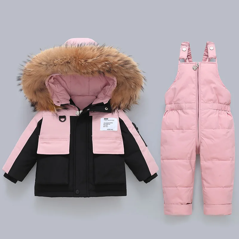 IYEAL 2024 Winter Down Jacket Jumpsuit Baby Boy Parka Real Fur Girl Snowsuits Children Clothing Set Toddler Thick Warm Overalls