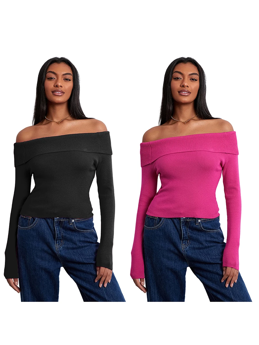 Women Off Shoulder Fold Over Long Sleeve Sweater Pullover Tops Casual Sexy Knit Slim Crop Tee Shirts Ribbed Blouse Tops