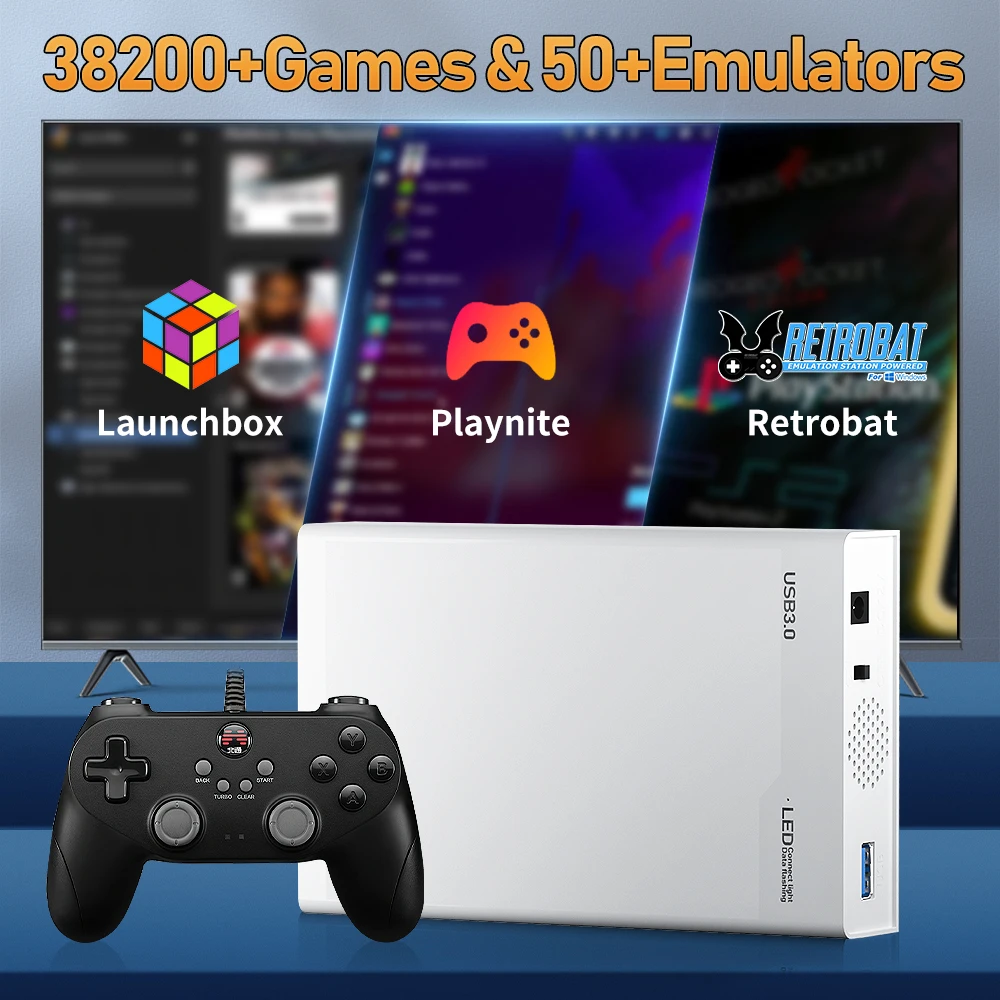 500G Retro Gaming HDD Video Game Console Retrobat＆Playnite＆Launchbox OS for XBOX/PS3/PS2/Switch/Wii/WiiU/DC/NES with 38200+Games