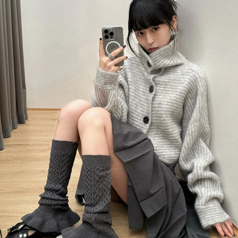 

American Knit Loose Slouchy Gray Sweater Long Sleeve Casual High Street Cropped Top Harajuku Y2K Turtleneck Jacket Chic Jumpers