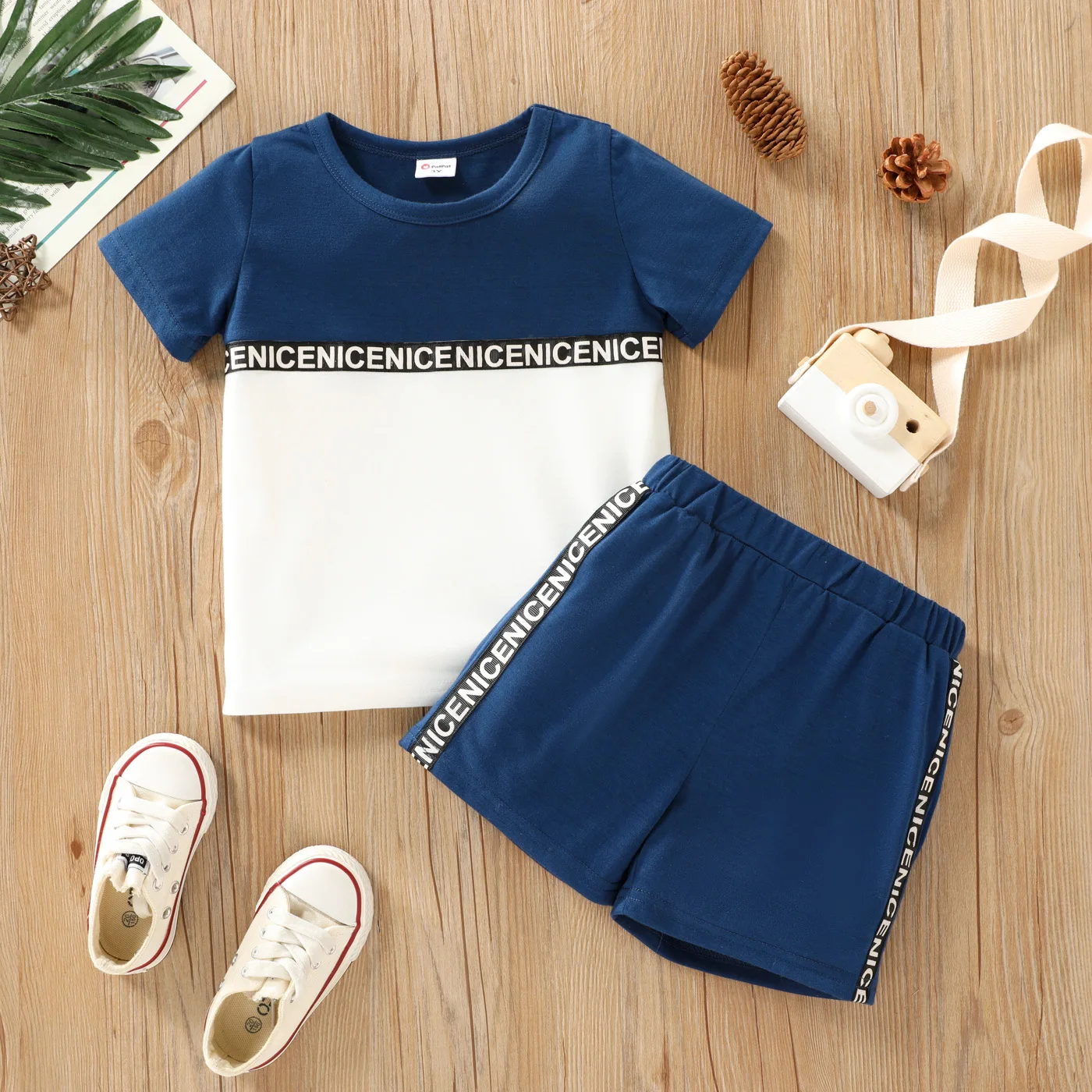 PatPat 2-piece Toddler Boy Letter Print Colorblock Tee and Elasticized Shorts Set