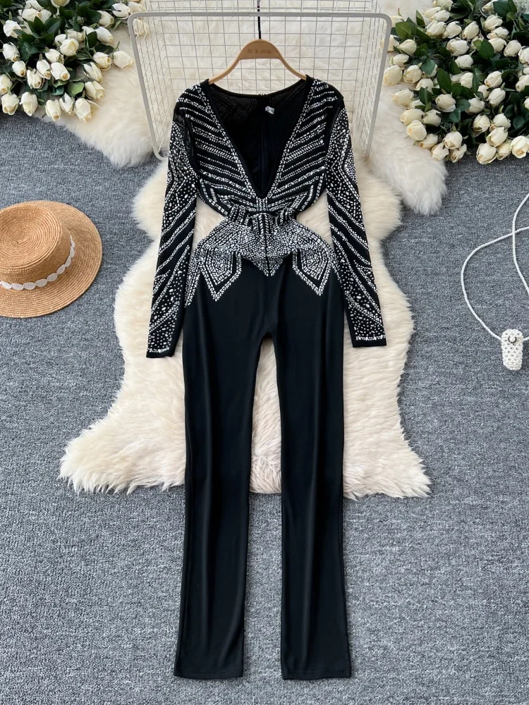 Gorgeous Sexy Senior Bodycon Jumpsuits Women Deep V-Neck Long Sleeves Zipper Diamonds Design Fashion Hotsweet Party Playsuits