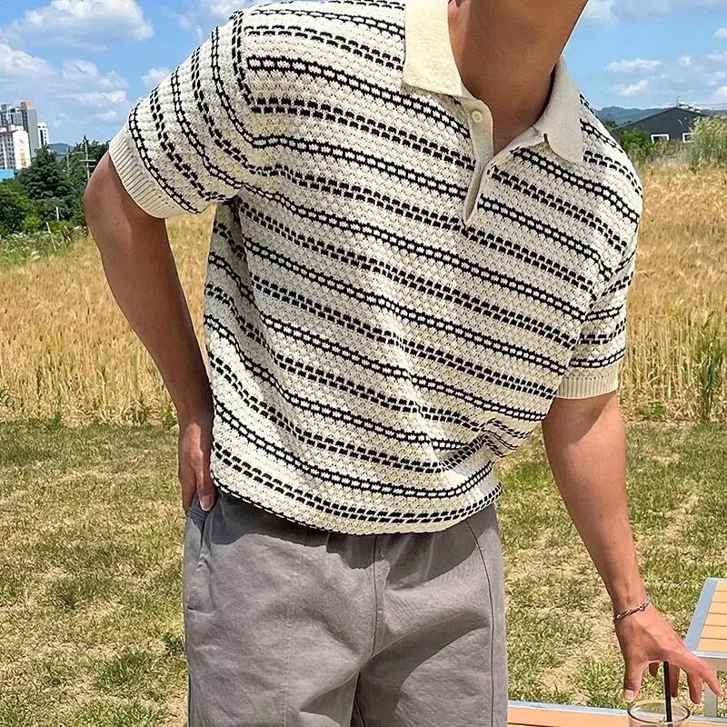 Summer New Fashion Men's Striped Turn-down Collar Short Sleeve Casual Trendy Loose Hollowed Out