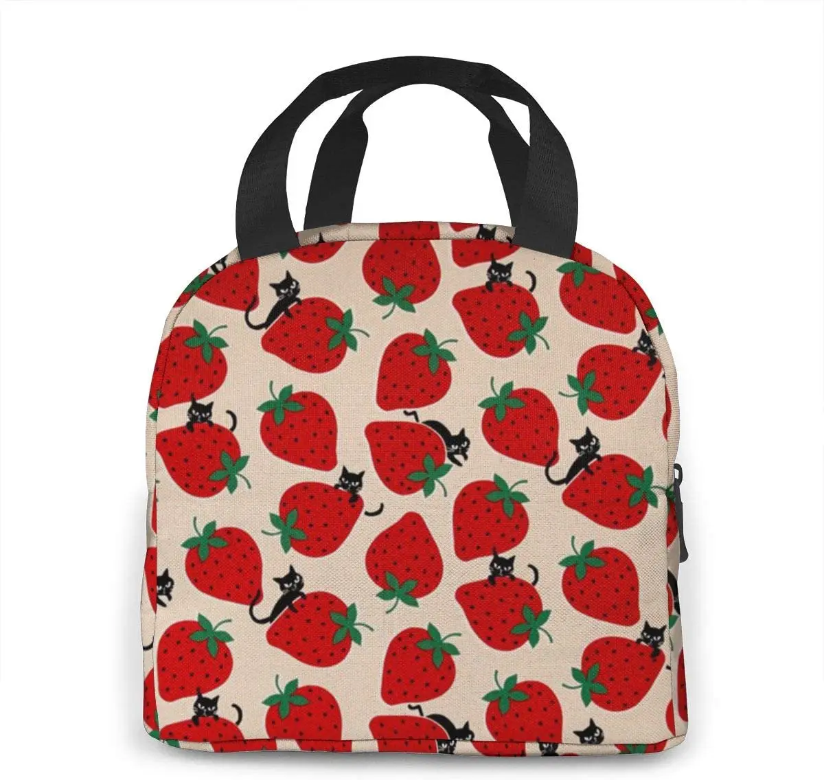 Black Cat On Red Strawberry Lunch Bag per donna ragazze bambini borsa da Picnic isolata Thermal Bento Prep Cute Bag Lunch Box Camping