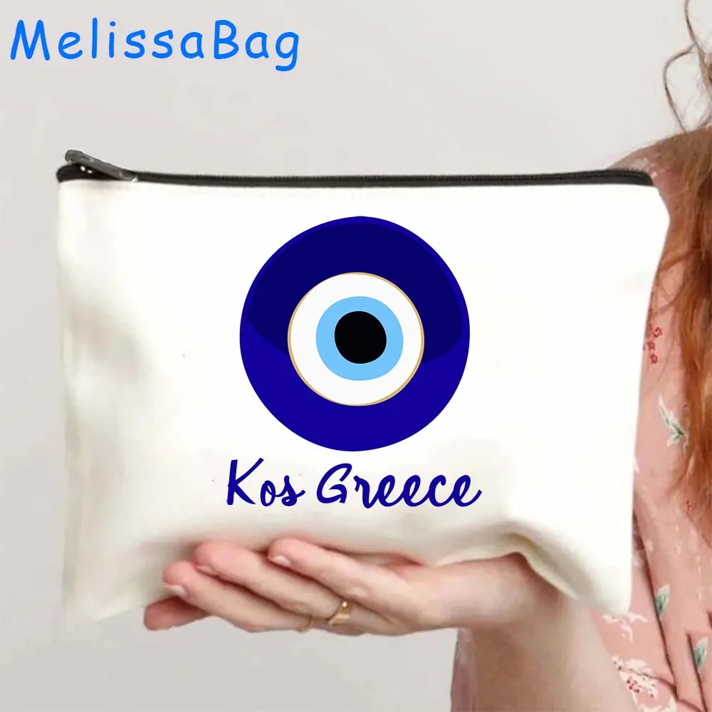 Greek Turkish Colorful Nazar Blue Evil Eye Hamsa Hand Girl Amulet GREECE Canvas Bag Cosmetic Makeup Bag Pencil Case Zipper Pouch